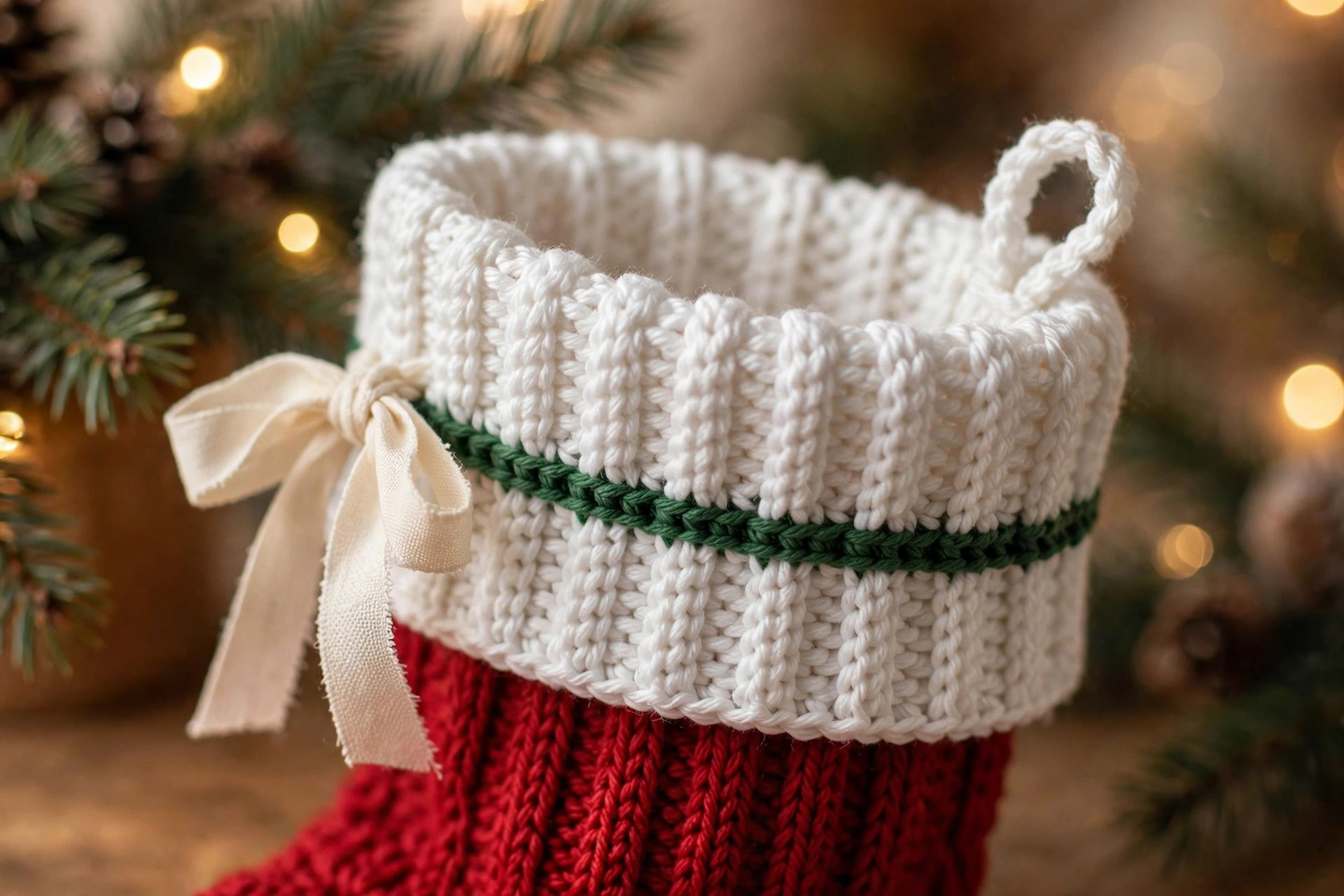 Close-up of the white ribbed crochet cuff with a green stripe and cream ribbon bow on the Christmas stocking
