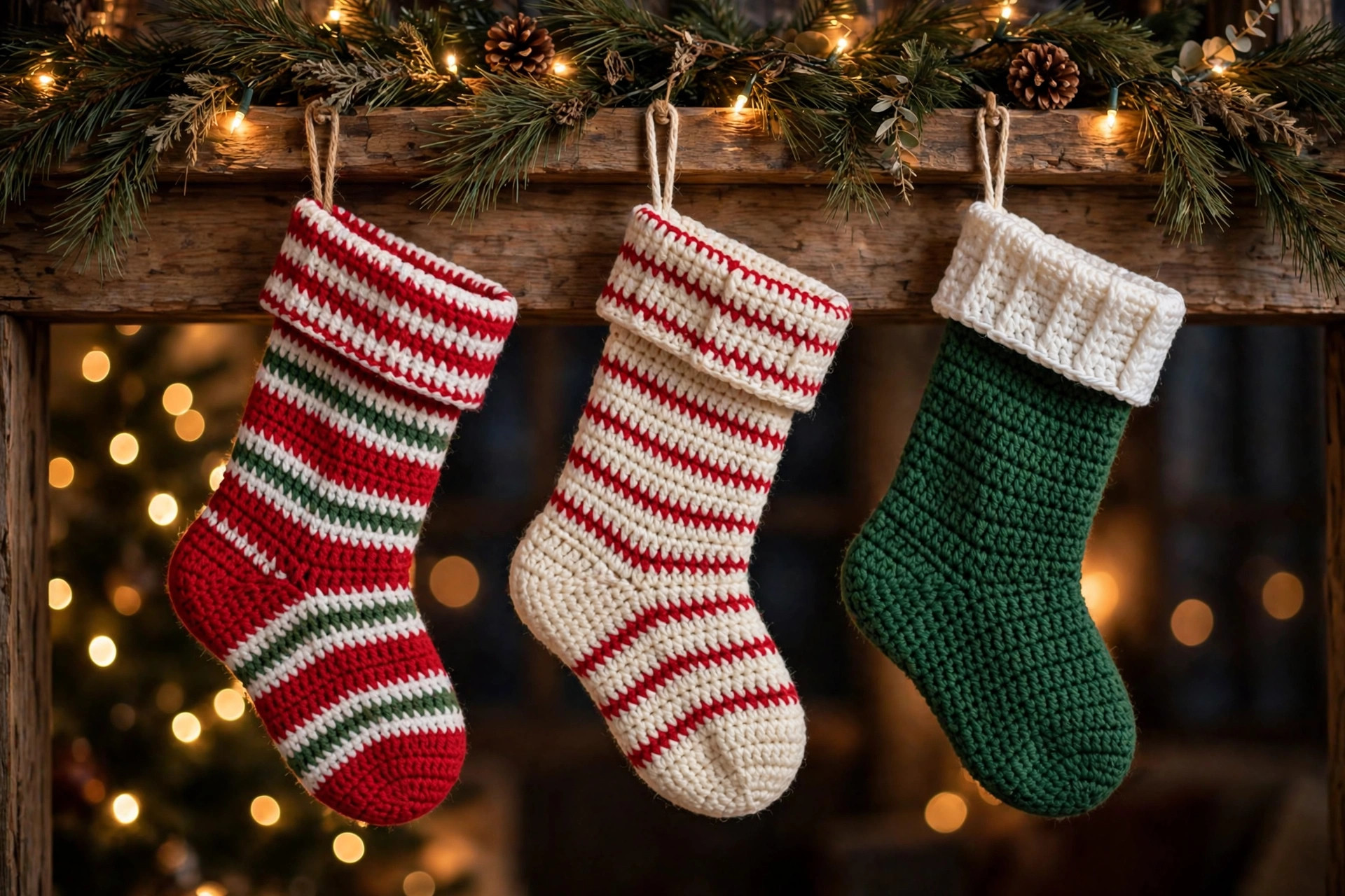 Three crochet Christmas stockings in red, white and green hanging on a decorated wooden mantel with fairy lights
