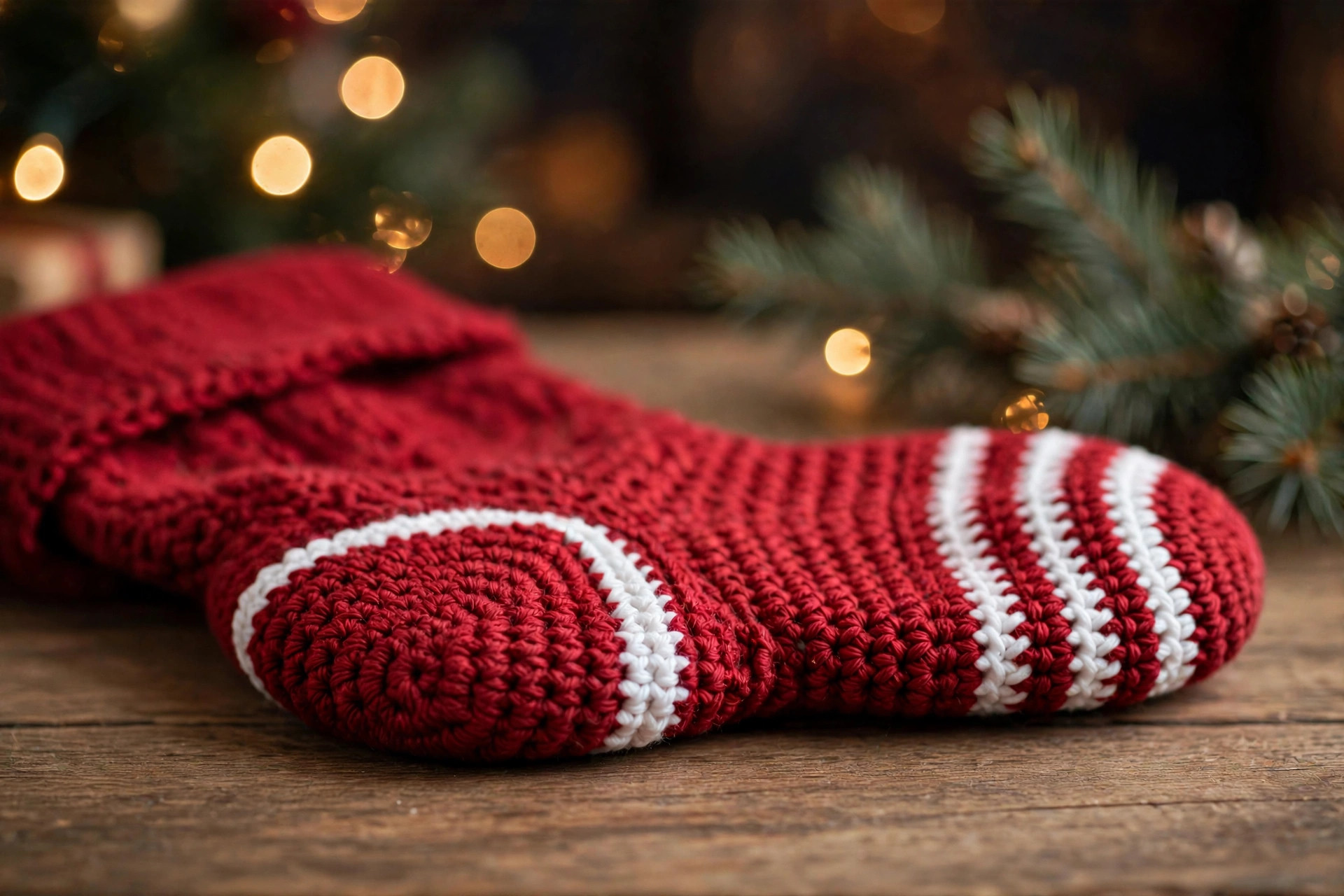 Close-up of the crocheted heel and striped toe of the red Christmas stocking showing the shaping