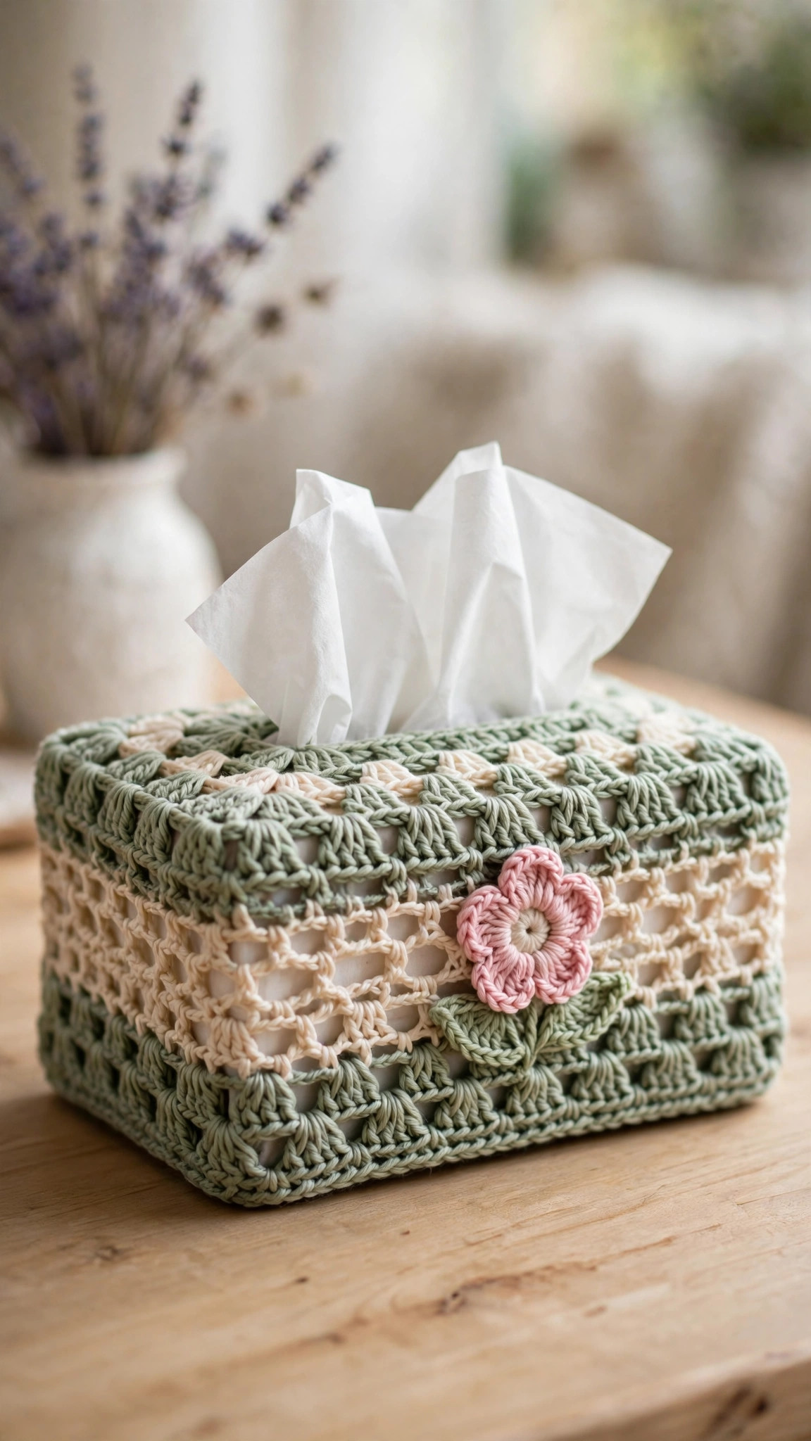 Free crochet tissue box cover pattern — sage green and cream crochet cover with a pink flower applique and white tissues poking out