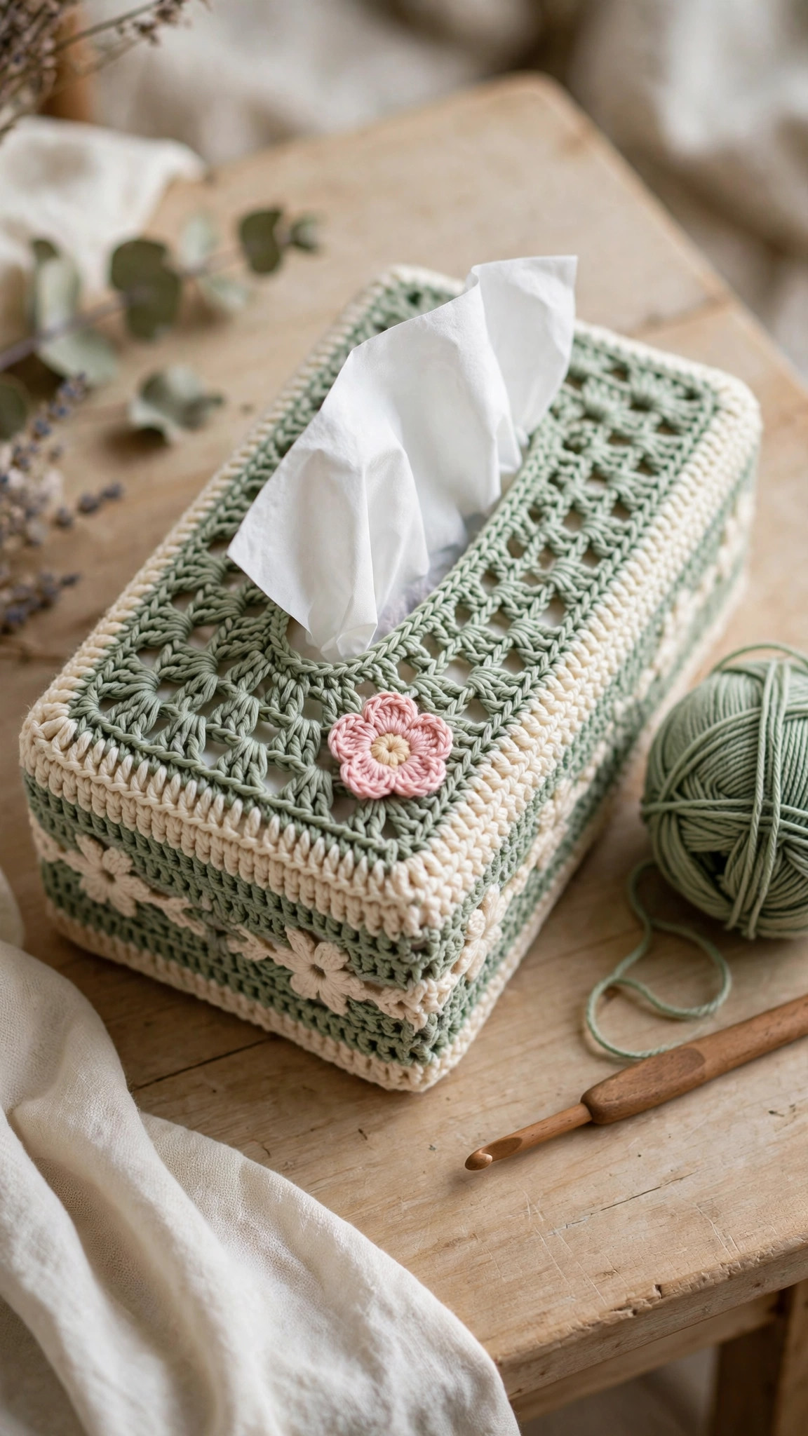 Sage green and cream crochet tissue box cover with a pink flower, yarn ball and wooden crochet hook