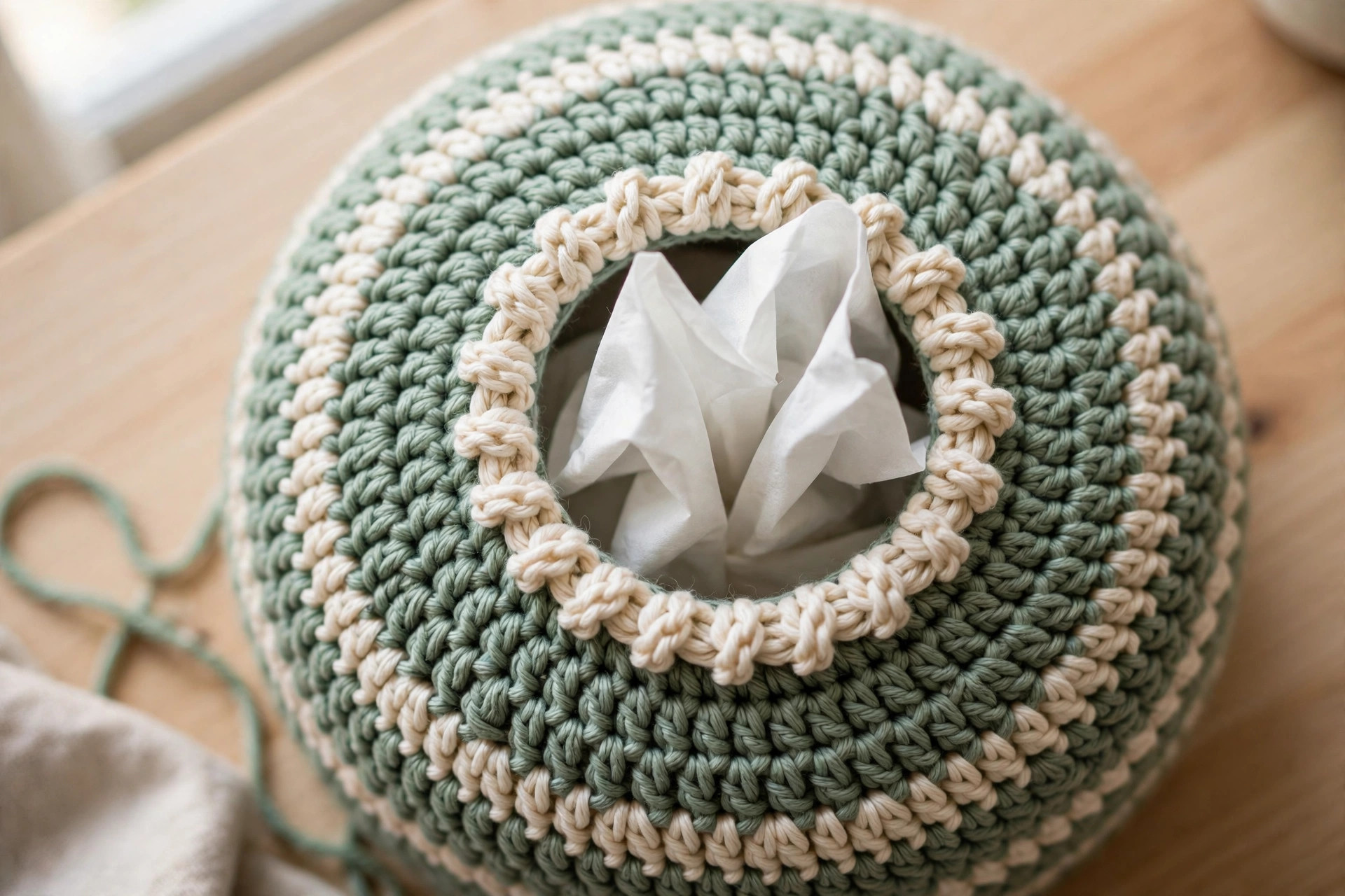 Top of the crochet tissue box cover showing the tissue opening with a cream crab stitch edge