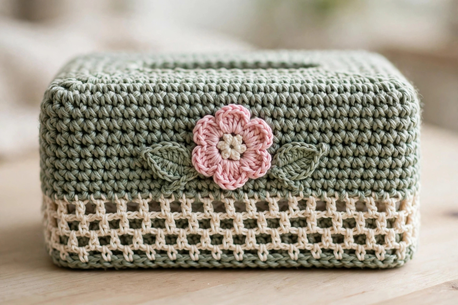 Close-up of the pink crochet flower applique with cream center and sage leaves on the cover