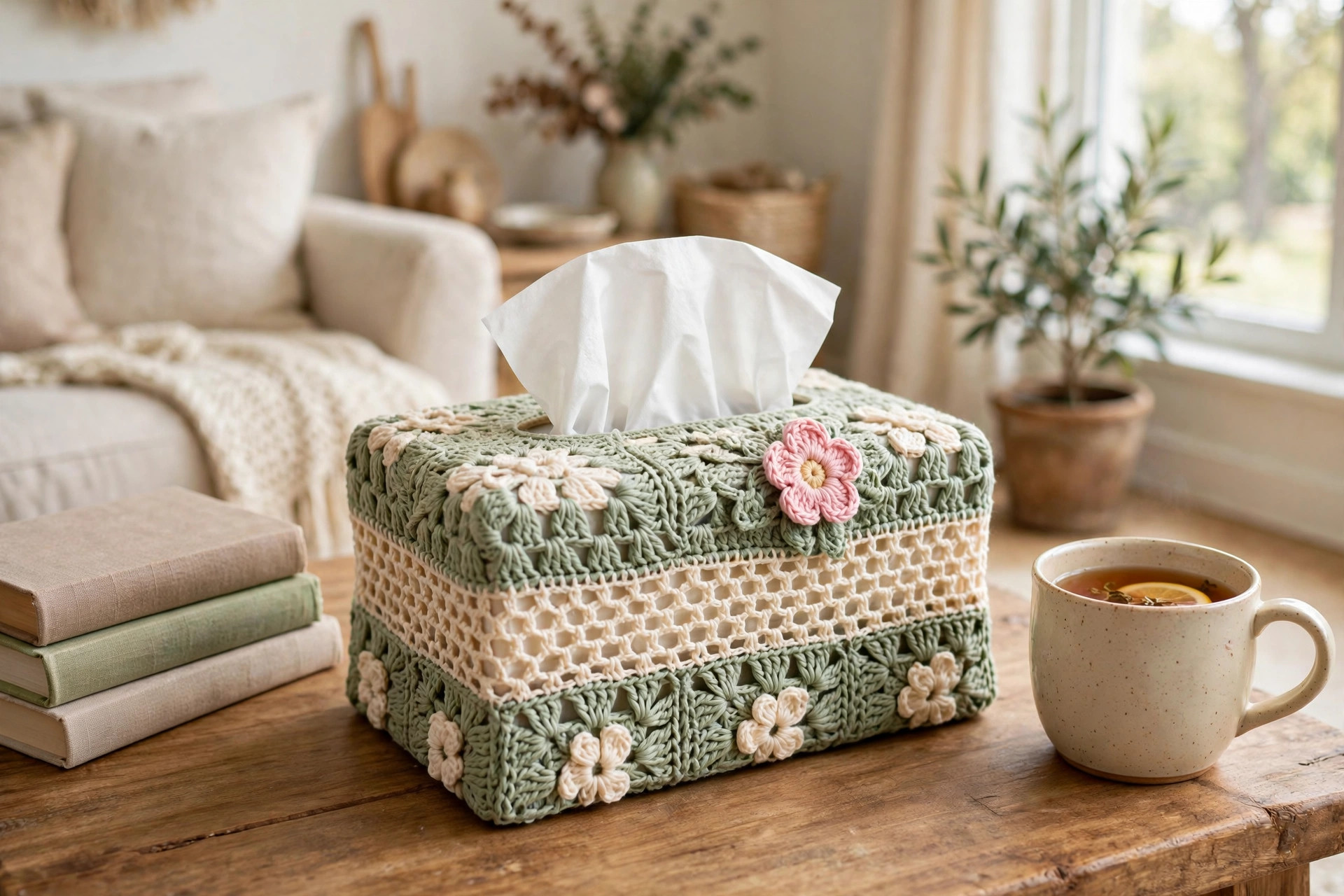 The finished crochet tissue box cover on a wooden side table next to books and a mug of tea