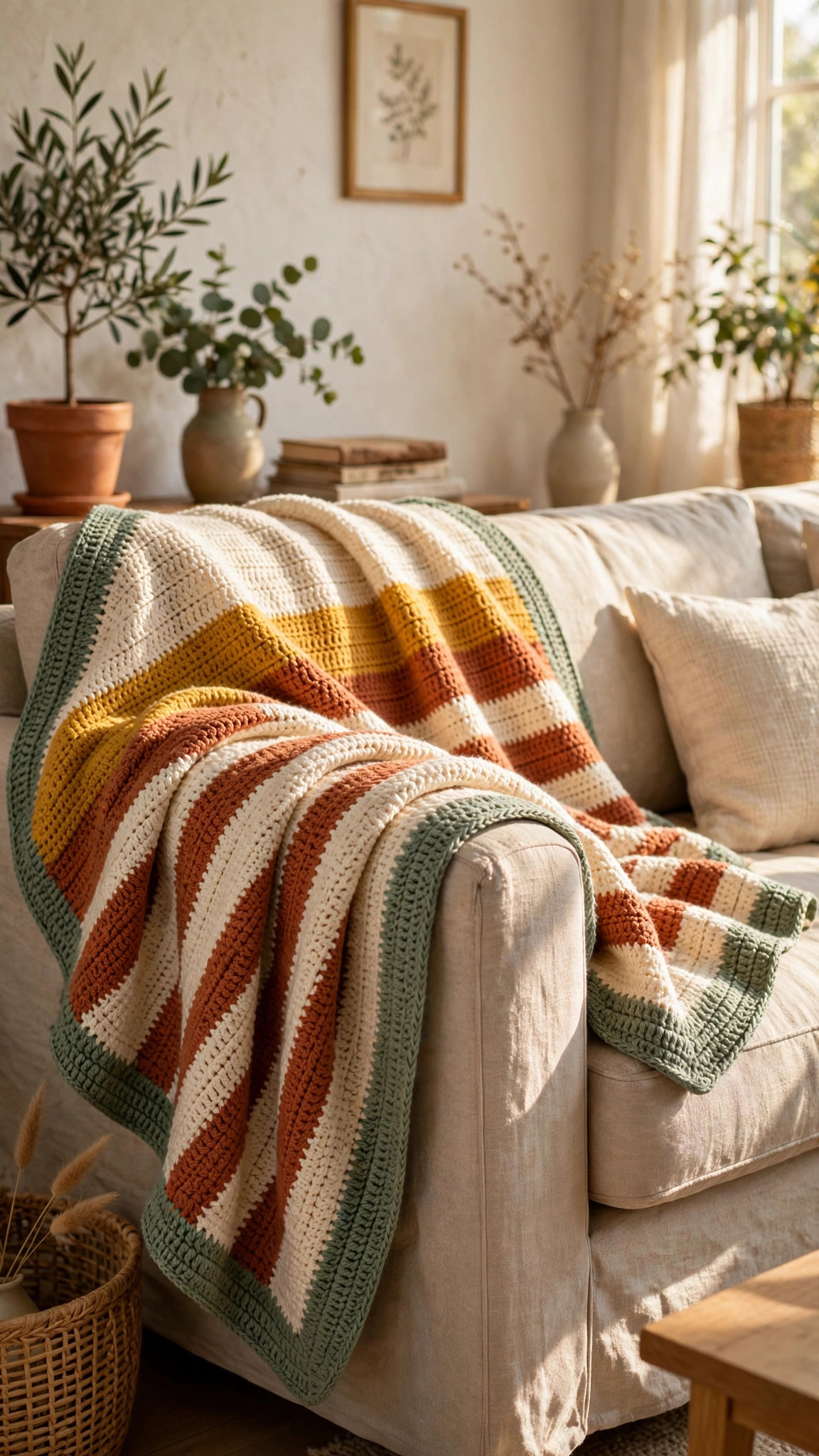 Tunisian crochet blanket patterns free — cream, mustard and terracotta striped Tunisian crochet blanket with a sage border, draped over a sofa arm