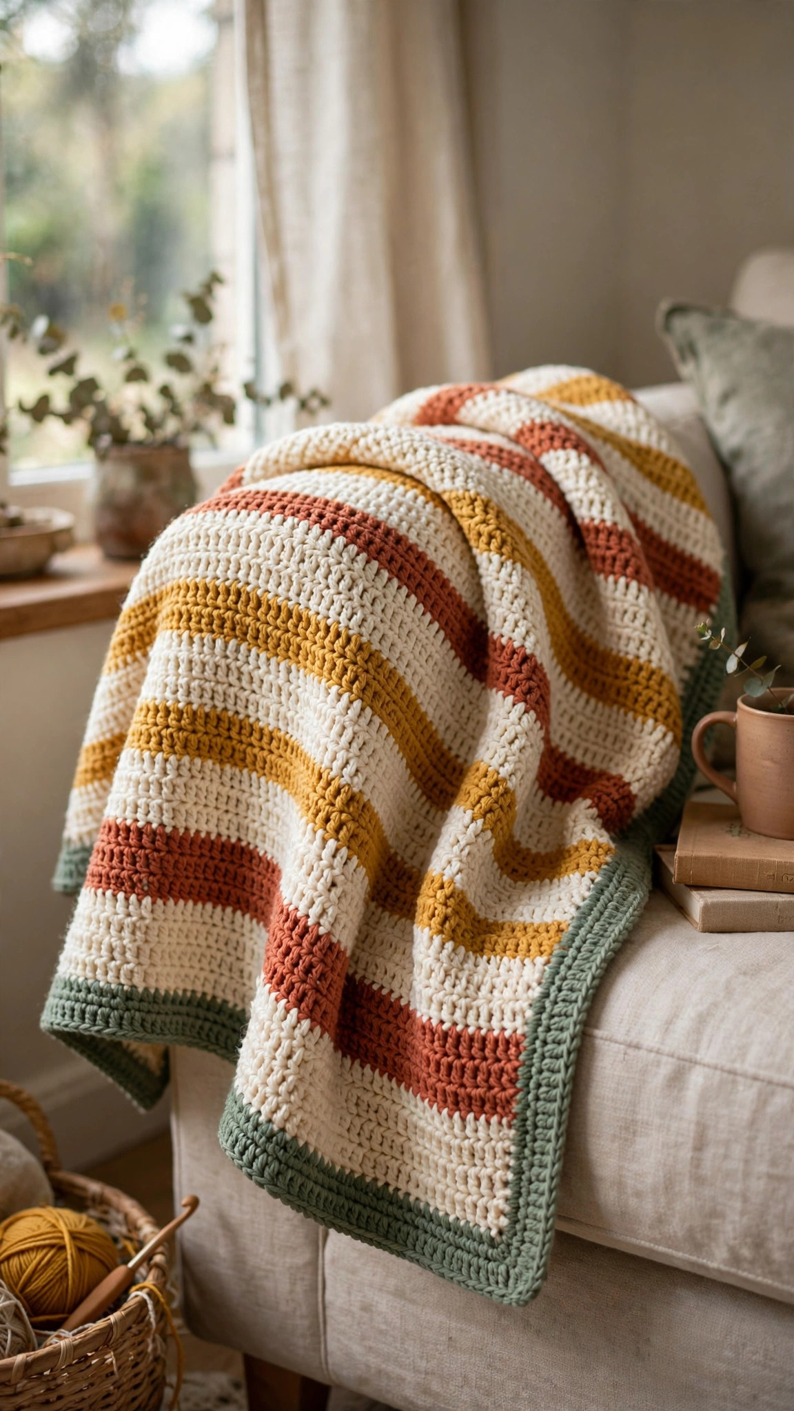 Cream, mustard and terracotta striped Tunisian crochet blanket with a sage border, draped over a sofa arm — free Tunisian crochet blanket pattern