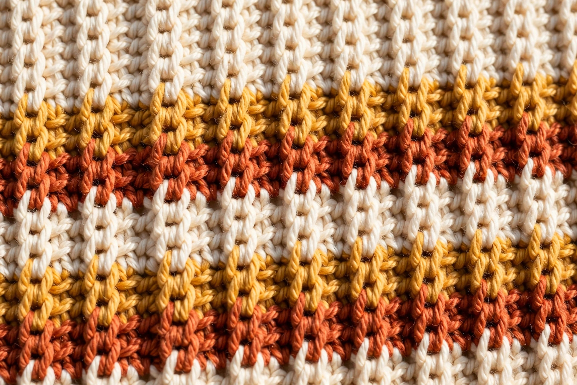 Close-up of cream, mustard and terracotta Tunisian simple stitch fabric showing the woven vertical-bar texture