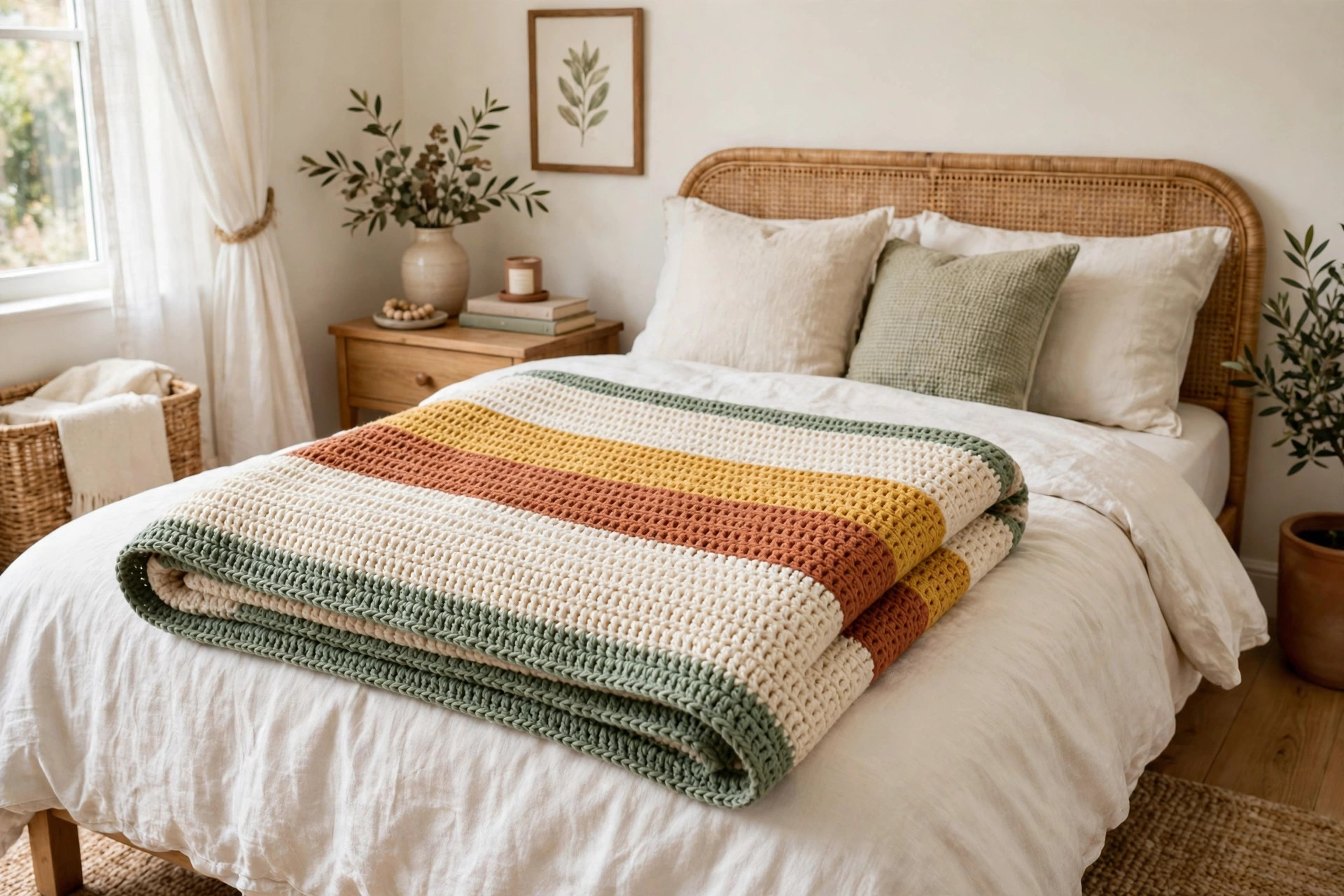 Cream, mustard and terracotta striped Tunisian crochet blanket with sage border folded on a bed in a bright bedroom