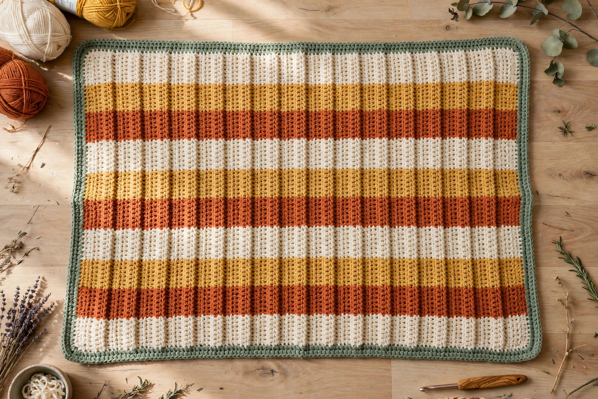 Flat lay of the finished cream, mustard and terracotta striped Tunisian crochet blanket with sage border, on a wooden floor — free Tunisian crochet blanket pattern