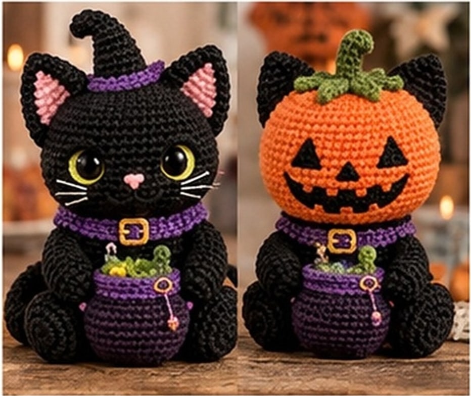 Flip-face witch cat crochet amigurumi shown with its black cat face and its jack-o'-lantern pumpkin face