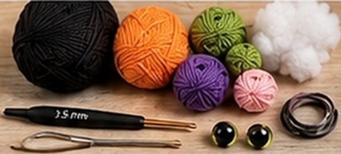 Yarn palette, hook, safety eyes and notions for the Flip-Face Witch Cat
