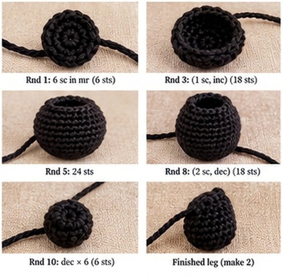 Sitting legs in progress, from the base circle to the finished stuffed leg