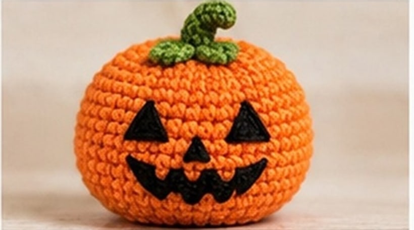 Finished pumpkin-face head with jack-o'-lantern features and green stem
