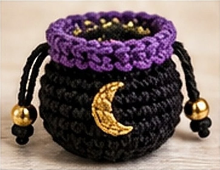 Mini cauldron from the base rounds to the finished pouch with purple trim and gold moon
