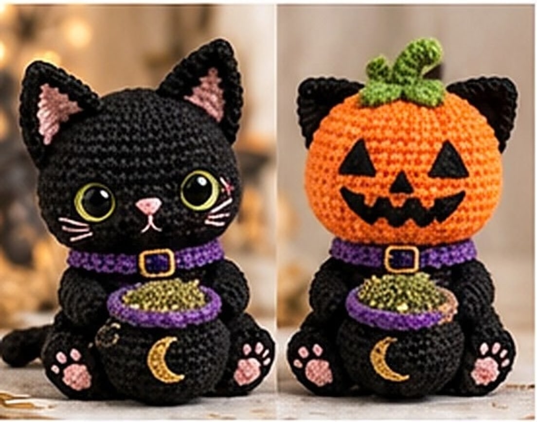 Finished look: cat face side and pumpkin face side