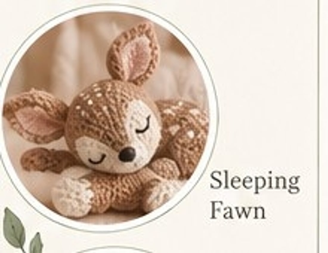 Sleeping fawn — rounded head, resting body, small ears and ivory muzzle