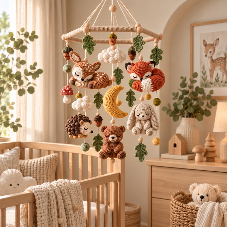 The mobile frame and canopy — six crochet-covered dowels joined as a softly faceted hexagon