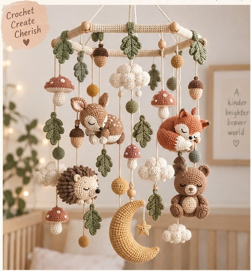 The finished mobile from a second angle — a gentle woodland canopy with the mustard moon centred lowest