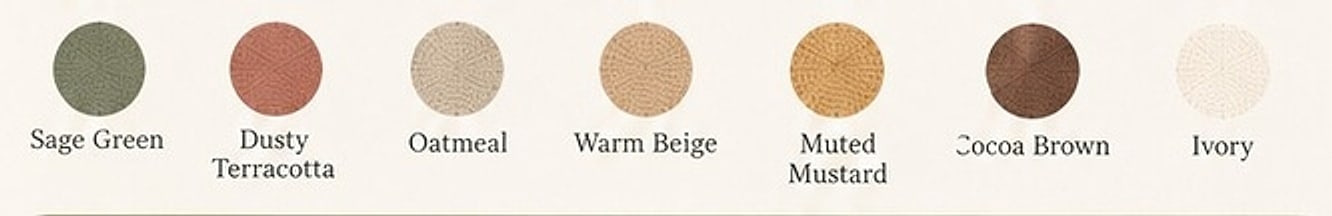 Calm woodland yarn palette in sage, terracotta, oatmeal, warm beige, mustard, cocoa and ivory