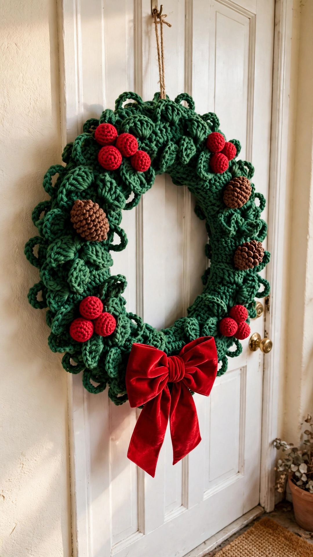 Free wreath crochet pattern — deep green crochet Christmas wreath with red berries, brown pinecones and a large red velvet bow hanging on a white door