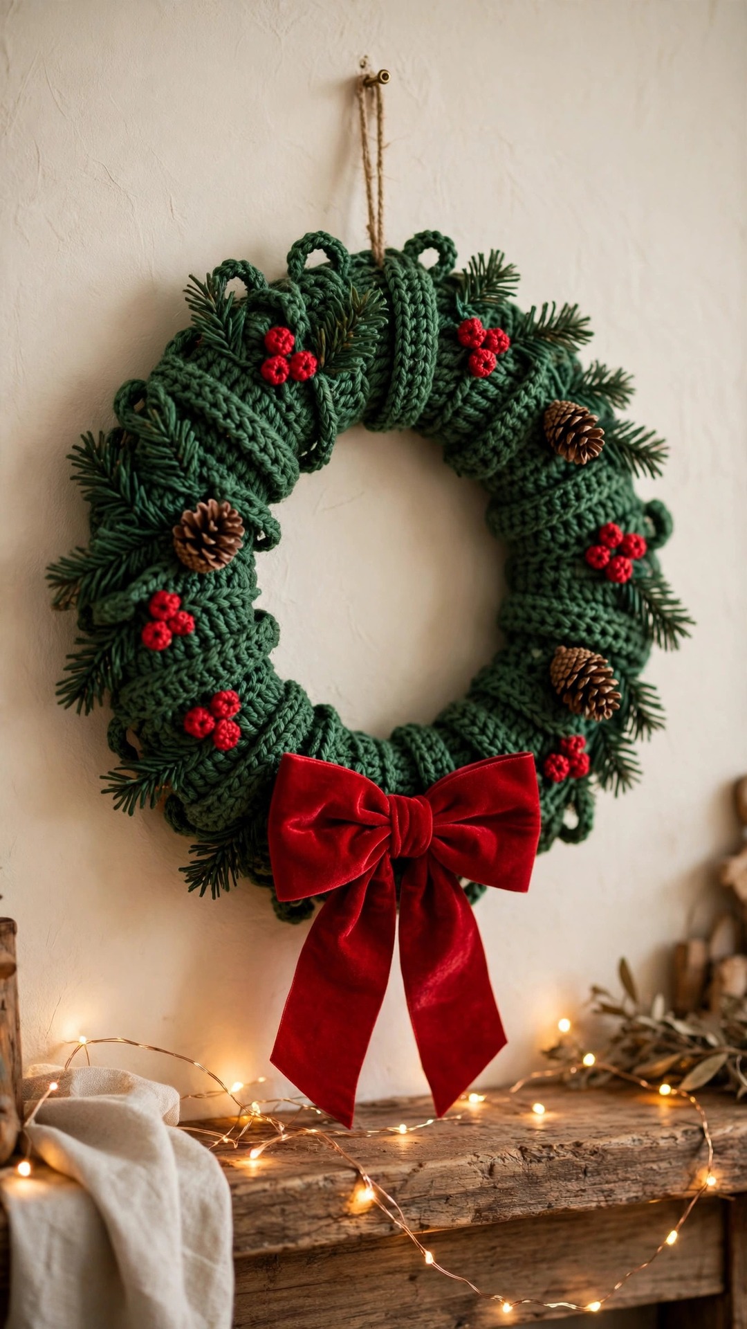 Handmade green crochet Christmas wreath with red berries, pinecones and a red velvet bow hanging on a cream wall above a wooden mantel with warm fairy lights