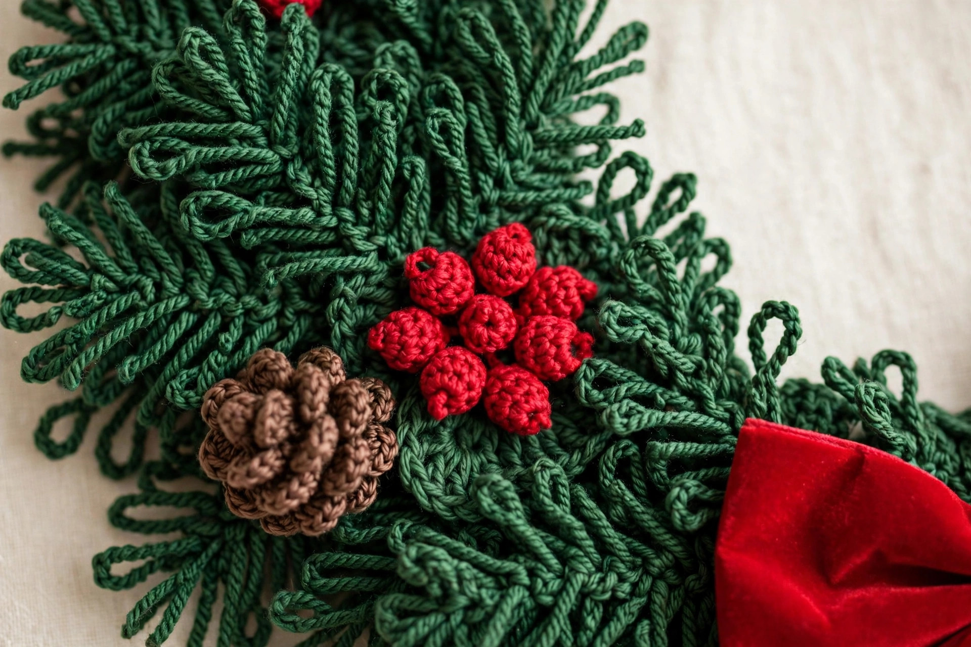 Close-up of deep green crochet pine-needle stitches with a cluster of red crochet berries, a brown crochet pinecone and the edge of a red velvet bow