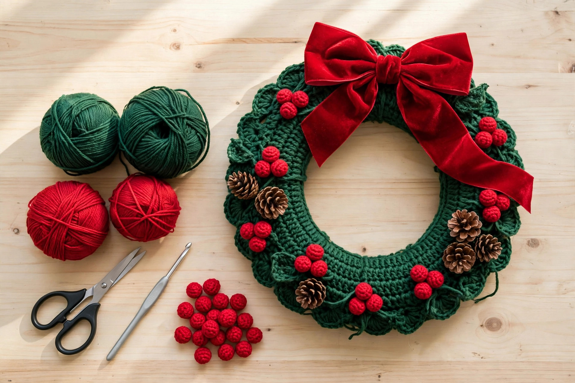 Flat lay of a finished green crochet Christmas wreath with a large red velvet bow at the top, beside balls of green and red yarn, scissors, a crochet hook and red crochet berries on a wooden table