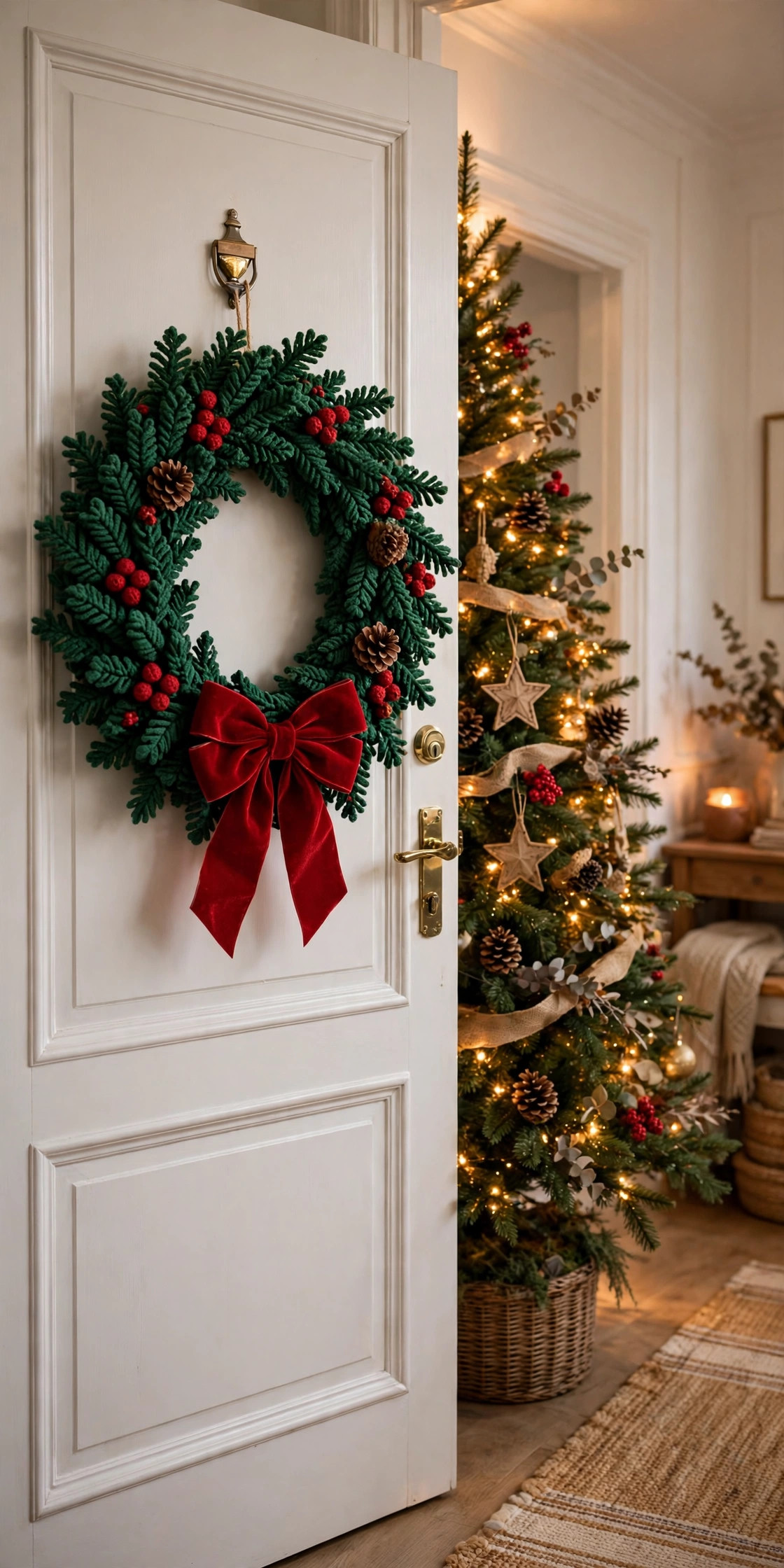 Green crochet Christmas wreath with red berries, pinecones and a red velvet bow hanging on a white door beside a lit Christmas tree